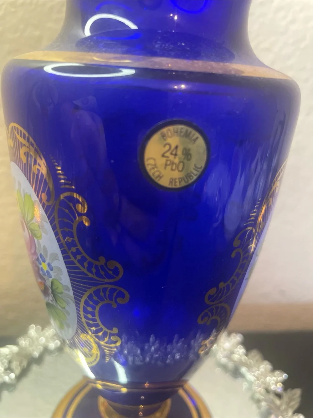 Gorgeous Bohemian Czech Republic Gilted Cobalt Blue Glass 8” Royal Vase